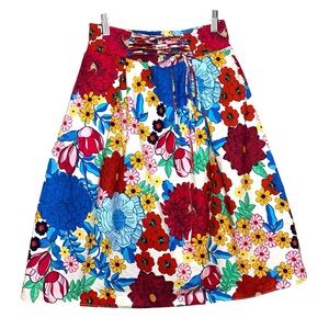 Rose & Olive Vibrant Multi-Color Floral Pleated A-Line Skirt S Feminine Pocket